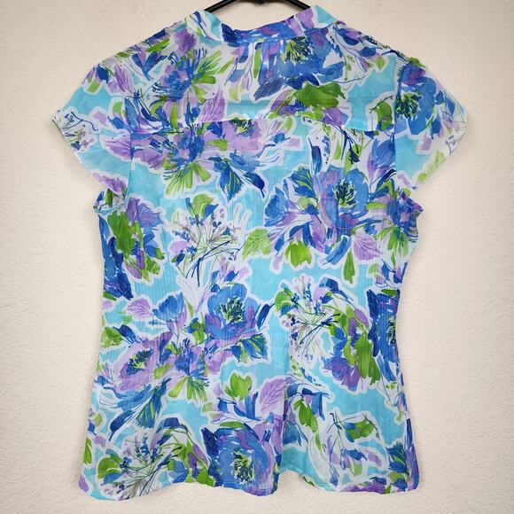 Dressbarn Petites Small Floral Pleated Ruffle Sheer Blouse - Picture 8 of 8